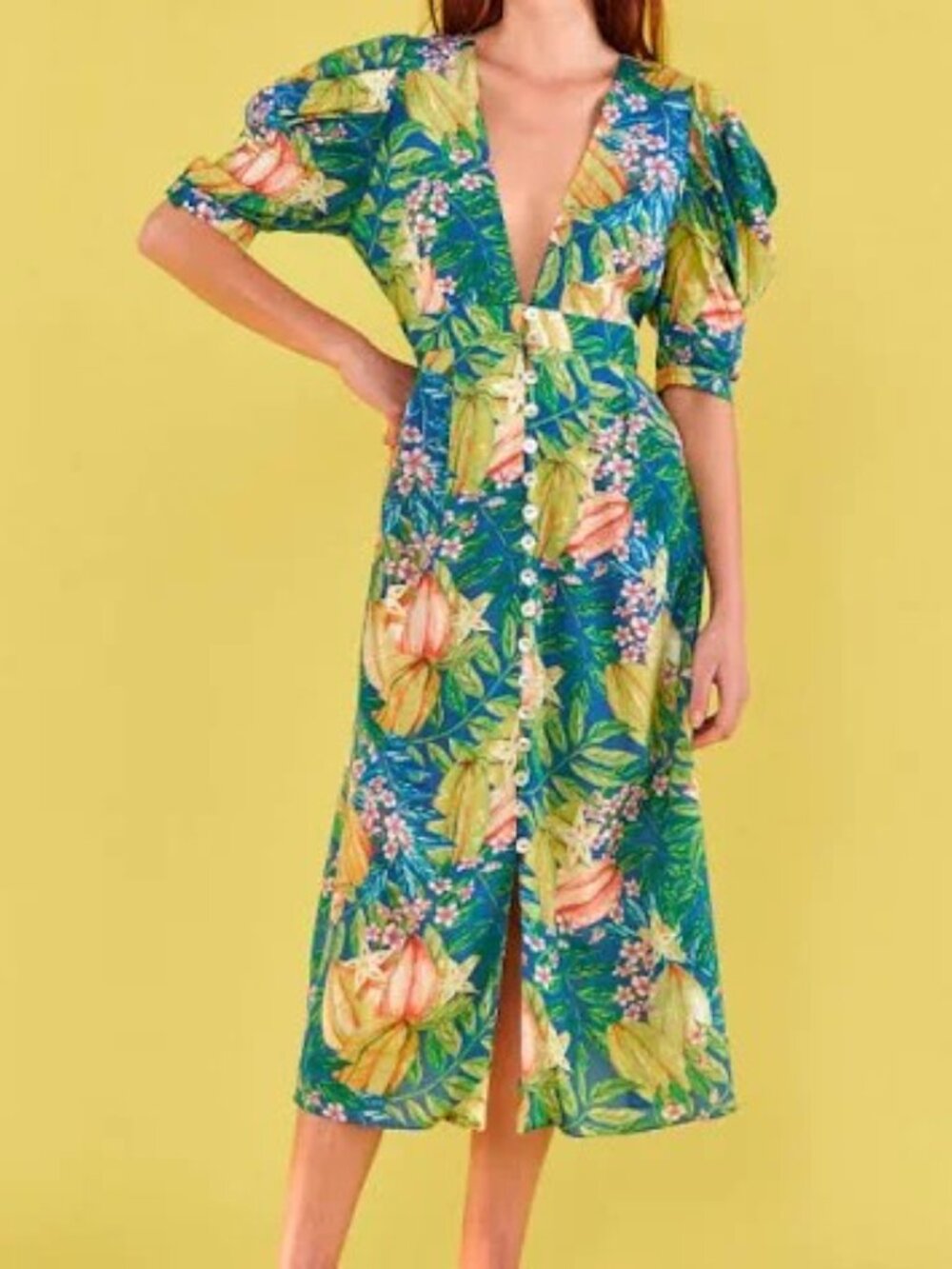 Farm Rio Star Fruits Puff Sleeve Midi Dress Size M
